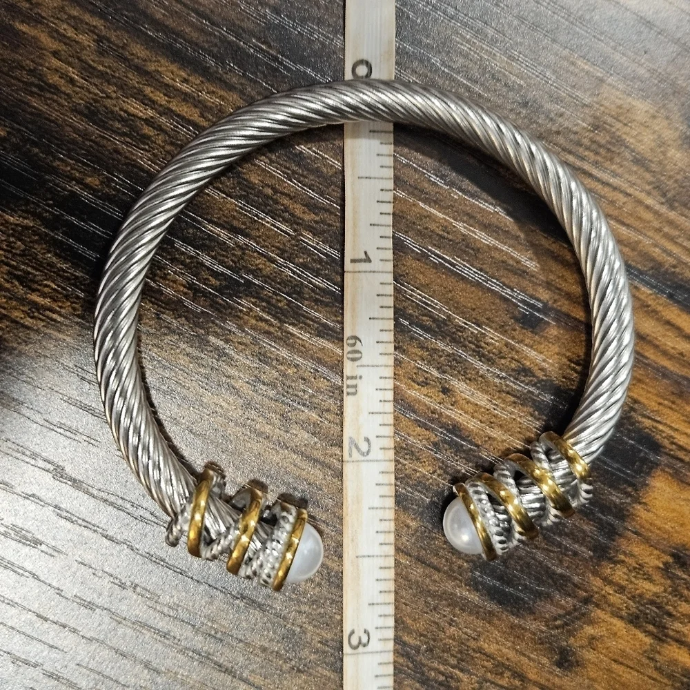 NEW 2-Tone Stainless Steel Cable Bracelet with Pearl Detail